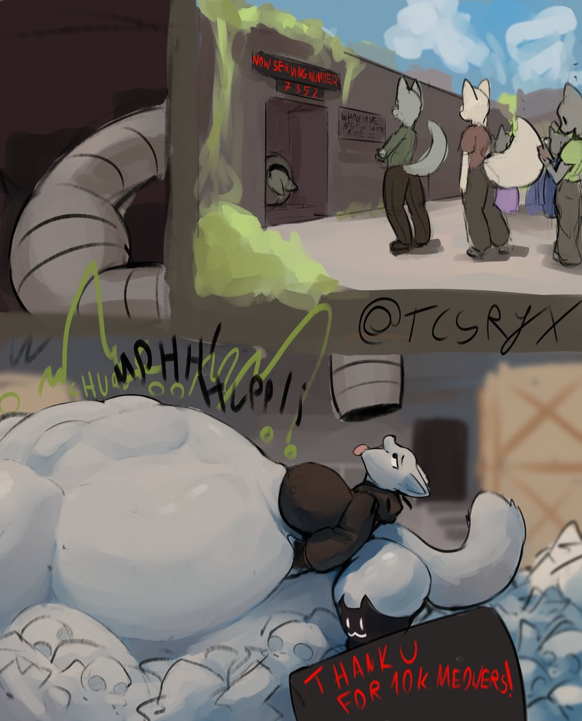 ambiguous_anthro ambiguous_gender ambiguous_prey anthro anthro_pred belly belly_on_ground belly_rolls belly_squeeze big_belly big_breasts big_butt biped black_clothing black_gloves black_handwear black_hoodie black_legwear black_text black_thigh_highs black_topwear bloated bodily_noises bone bone_imprints bones_in_belly bottom_heavy bottomwear breasts butt calling_for_help churn clothed clothed_ambiguous clothed_anthro clothed_female clothing cloud count covered_breasts cropped_hoodie day death digestion digestion_noises electronics emoticon_on_bottomwear emoticon_on_clothing exposed_butt fatal_vore female female_anthro female_pred fingerless_gloves floating_whiskers fluffy fluffy_tail fully_clothed fully_clothed_ambiguous fully_clothed_anthro fully_inside fur gaping_mouth glistening glistening_belly glistening_body glistening_butt glistening_fur gloves green_text grey_belly grey_body grey_butt grey_ears grey_face grey_fur grey_inner_ear grey_tail group half-closed_eyes hand_on_belly hand_on_own_belly handwear holding_object holding_phone hood_down hoodie huge_belly huge_breasts huge_butt huge_hips huge_thighs hyper hyper_belly imminent_death imminent_oral_vore imminent_vore imprint ineffective_clothing inside legwear light long_sleeves looking_at_object looking_at_phone looking_up mass_vore monotone_belly monotone_body monotone_butt monotone_clothing monotone_face monotone_fur monotone_gloves monotone_handwear monotone_hoodie monotone_tail monotone_topwear motion_lines mph! muffled multiple_prey narrowed_eyes nipple_outline no_underwear now_serving number onomatopoeia open_mouth open_smile oral_vore outside pants phone pointy_ears prey_count prick_ears raised_head red_text rumbling_stomach same_size_vore shirt side_view sign sign_on_wall skull skull_imprint sky slide smile soft_vore sound_effects standing standing_in_line tail text thank_you_message thick_thighs thigh_highs tongue tongue_out topwear tube tube_bulge twitter_handle unaware_prey unseen_prey unwilling_prey vore vowelless vowelless_vocalization wall_(structure) wide_hips tcsrjx emily_(tcsrjx) canid canine domestic_cat felid feline felis fox mammal 2025 absurd_res artist_name digital_media_(artwork) digital_painting_(artwork) english_description english_text hi_res lighting painting_(artwork) shaded soft_shading