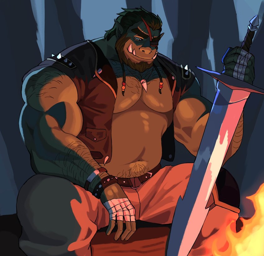 arm_hair bandaged_hand barazoku beard belly belly_hair biceps body_hair bottomwear braided_hair brown_hair campfire chest_hair clothed clothing eye_patch eye_scar eyewear facial_hair facial_scar fire forearm_hair forearms grin hair happy_trail holding_melee_weapon holding_object holding_sword holding_weapon jacket jewelry log looking_at_fire male melee_weapon musclegut muscular muscular_arms navel necklace night open_clothing open_jacket open_topwear outside pants pecs plant scar shoulder_hair sitting sitting_on_log slightly_chubby smile solo spread_legs spreading sword tooth_necklace topwear tree triceps weapon wood wetghost humanoid orc 2024