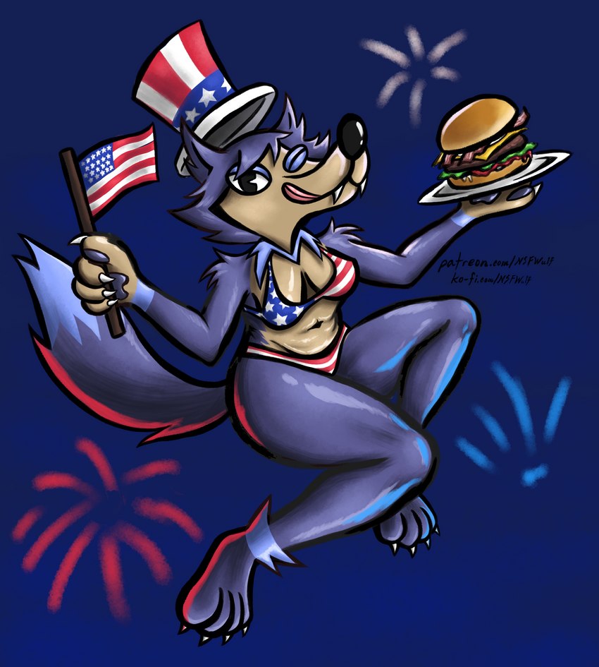 american_flag american_flag_bikini anthro bikini breasts burger claws cleavage clothed clothing fangs female fireworks flag flag_(object) flag_bikini flag_clothing flag_print flag_swimwear food fur hat headgear headwear holding_flag holding_object holidays licking licking_lips looking_at_viewer medium_breasts navel one_eye_closed pawpads paws pie_cut_eyes plate pose print_bikini print_clothing print_swimwear purple_body purple_fur solo swimwear tan_body tan_fur teeth text thick_thighs tongue tongue_out two-piece_swimsuit united_states_of_america wink winking_at_viewer nsfwulf 4th_of_july ko-fi patreon uncle_sam canid canine canis mammal wolf absurd_res hi_res meme pinup url