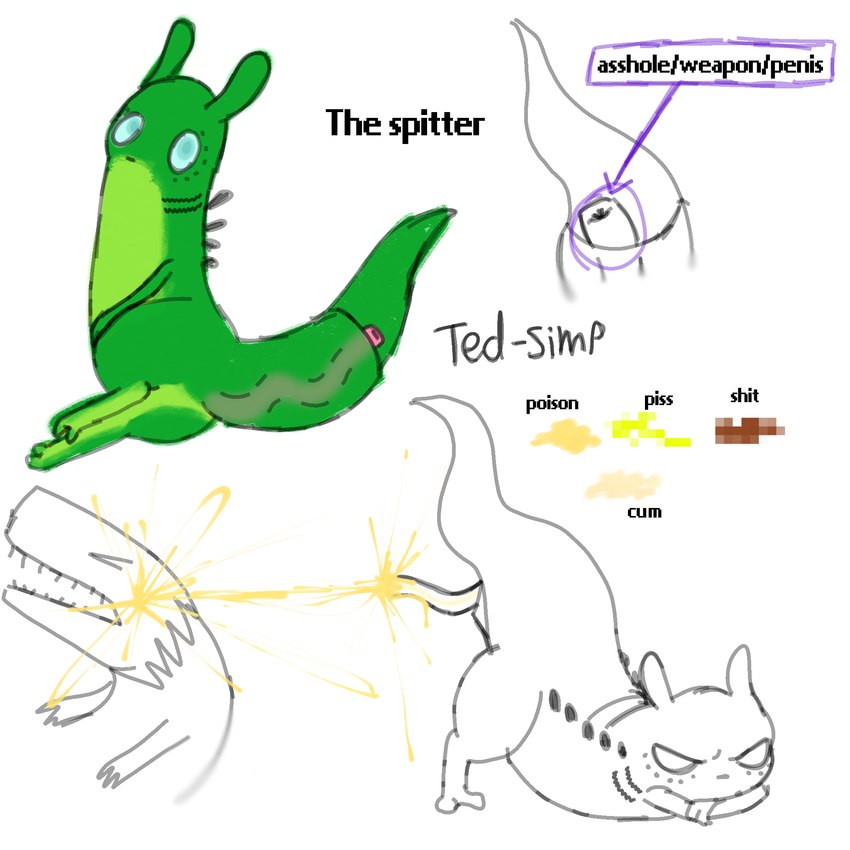 angry bodily_fluids feces feral genital_fluids gills green_body male poison profanity shooting_poison text urine ted-simp rain_world videocult the_spitter_(ted-simp) lizard_(rain_world) slugcat 1:1 english_text hi_res