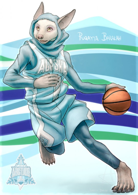 5_fingers 5_toes abstract_background action_pose alaska anthro ball barefoot basketball basketball_(ball) basketball_uniform biped black_claws breasts claws clothed clothing feet female fingers front_view fur furgonomics grey_body grey_eyes grey_fur grey_nose headgear headwear hijab holding_ball holding_object humanoid_feet light logo looking_aside looking_away medium_breasts open_mouth open_smile outline plantigrade pose raised_leg religious_clothing religious_headwear shadow smile snout solo sportswear text toe_claws toes uniform whiskers ada_oz fba ruqayya_barakah brandt's_hedgehog eulipotyphlan hedgehog mammal 2017 character_name cool_colors digital_drawing_(artwork) digital_media_(artwork) english_text full-length_portrait hi_res lighting portrait watermark