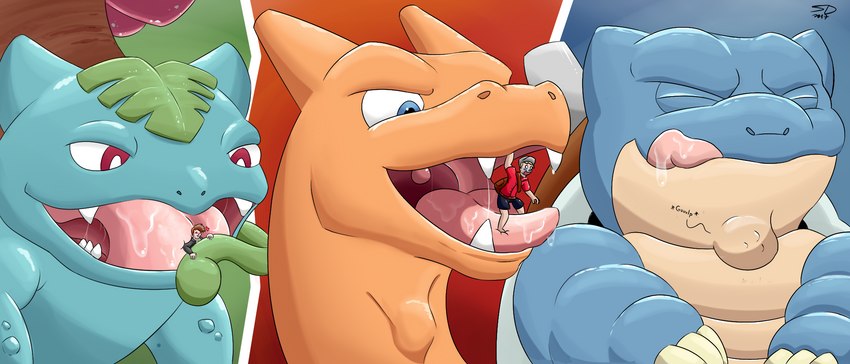 ambiguous_gender ambiguous_pred ambiguous_prey bodily_fluids female female_prey human_prey imminent_oral_vore imminent_vore macro male male_prey neck_bulge on_tongue oral_vore pokemon_pred saliva saliva_on_tongue starter_trio tongue tongue_out uvula vore suddendraft nintendo pokemon pokemon_trainer blastoise charizard generation_1_pokemon human mammal pokemon_(species) venusaur 2017 7:3 hi_res multiple_images