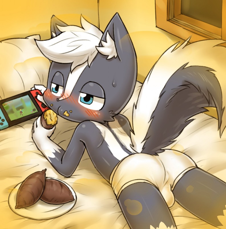 anthro bed blue_eyes blush butt clothing electronics fart food fur furniture game_console hair male plant presenting presenting_hindquarters smell solo sweet_potato underwear vegetable white_body white_fur young young_anthro riroburo nintendo nintendo_switch kambu_the_skunk mammal mephitid skunk hi_res