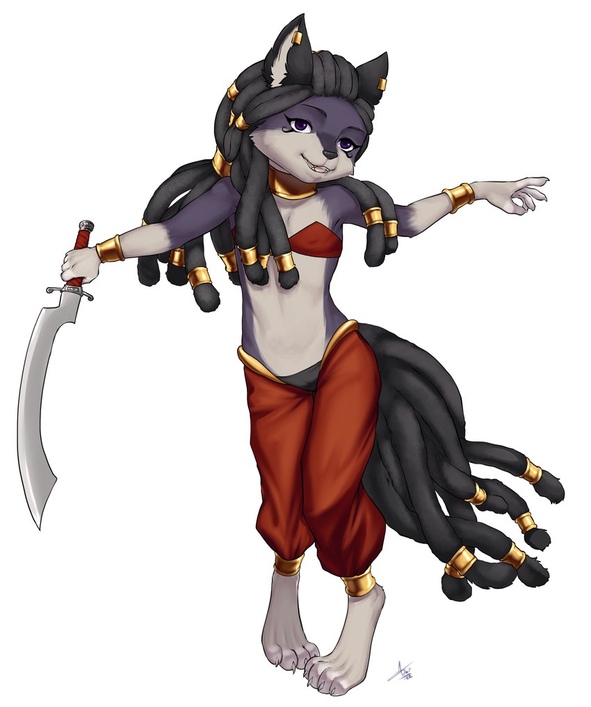 anthro bandeau barefoot black_body black_ears black_fur black_hair bottomwear claws clothing cosplay dreadlocks feet front_view fur hair holding_khopesh holding_melee_weapon holding_object holding_sword holding_weapon khopesh melee_weapon midriff multicolored_body multicolored_fur open_mouth purple_eyes red_bottomwear red_clothing red_topwear solo sword teeth tongue topwear weapon young young_anthro aogami shantae_(series) wayforward ankha_(ajdurai) shantae african_golden_wolf canid canine canis egyptian_wolf mammal 2022 alternate_version_at_source full-length_portrait hi_res portrait signature