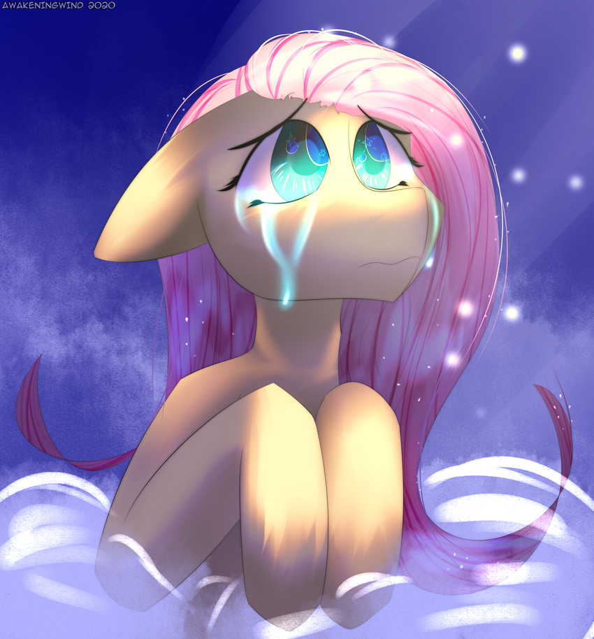 blue_eyes bodily_fluids cloud crying eye_reflection female feral glistening glistening_eyes hair long_hair looking_up night pink_hair reflection sad simple_background solo star tears awakeningwind friendship_is_magic hasbro my_little_pony fluttershy_(mlp) equid equine horse mammal pony absurd_res hi_res