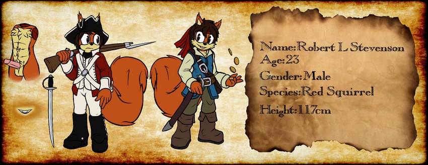 anthro brown_eyes clothed clothing coin cutlass fur gun male melee_weapon musket orange_body orange_fur pirate ranged_weapon solo sword text weapon snowyowlkonnen robert_l._stevenson eurasian_red_squirrel mammal rodent sciurid tree_squirrel english_text hi_res