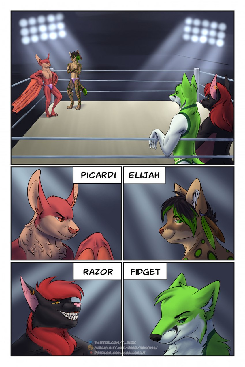 anthro black_nose fight fighting_pose fighting_ring fur green_body green_eyes green_fur group hair male pose text wrestling goallonely elijah_ferrel fidget_the_fox picardi_the_bat razor_the_flying_fox-bat bat canid canine canis domestic_cat felid feline felis fox hybrid mammal megabat wolf comic digital_media_(artwork) english_text hi_res