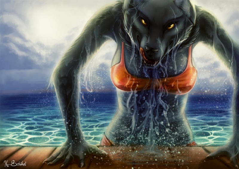 anthro bikini clothing cloud female licking licking_lips licking_own_lips looking_at_viewer outside pier rape_face sea seaside self_lick sky solo swimwear tongue tongue_out two-piece_swimsuit water wet yellow_eyes pechschwinge lone canid canine canis mammal wolf 2011