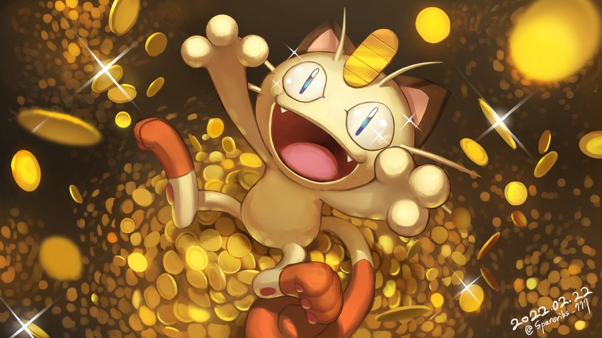 ambiguous_gender anthro biped coin dipstick_tail fangs gold_(metal) gold_coin markings open_mouth open_smile smile solo tail tail_markings teeth supearibu cat_day nintendo pokemon felid feline generation_1_pokemon mammal meowth pokemon_(species) 16:9 2022 hi_res widescreen