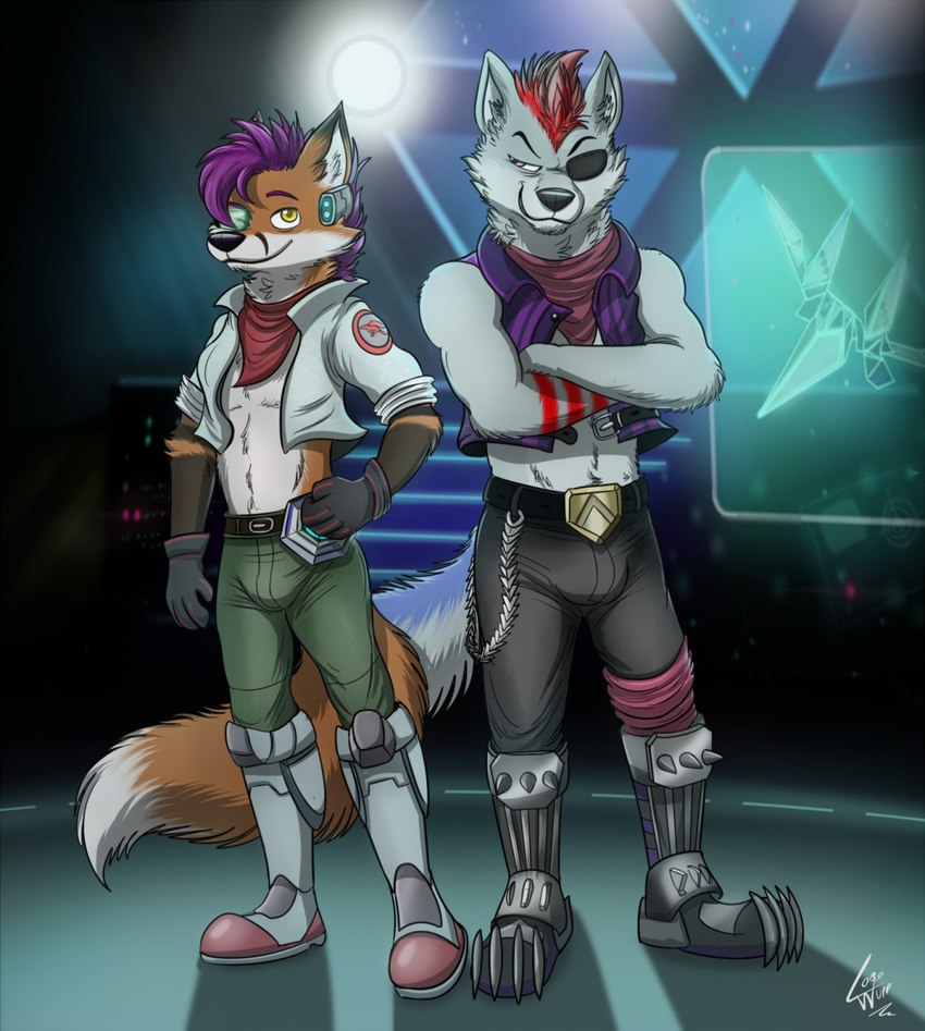 anthro bulge duo male lobowupp nintendo star_fox wolf_o'donnell zion_fox canid canine canis fox mammal wolf hi_res