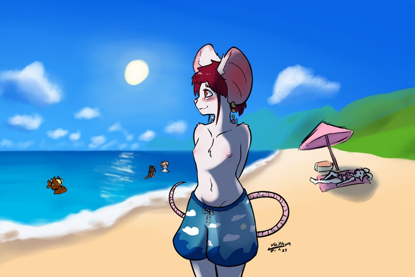 albino anthro beach blush breasts clothed clothing ear_piercing ear_ring exhibitionism female hair nipples outside piercing public public_nudity red_eyes red_hair ring_piercing seaside small_breasts solo swimming_trunks swimwear topless topless_female vaithun male_swimwear_challenge mammal mouse murid murine rodent 3:2