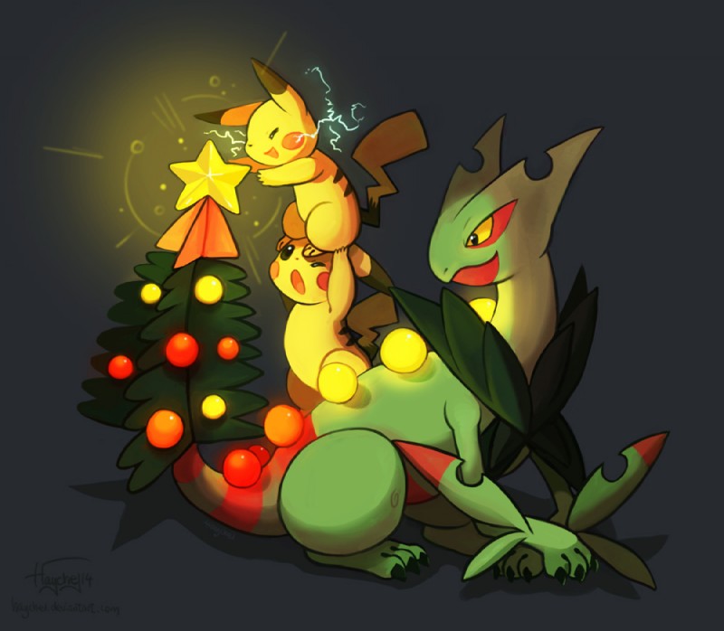 ambiguous_gender electricity feral fur group holidays yellow_body yellow_fur haychel christmas nintendo pokemon generation_1_pokemon generation_6_pokemon mammal mega_evolution mega_sceptile pikachu pokemon_(species) rodent digital_media_(artwork)