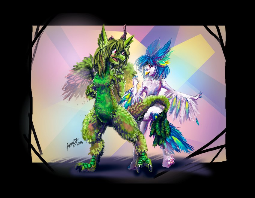 2_toes 4_fingers 5_fingers anthro beak blue_hair broken_horn claws detailed_background detailed_fur duo feathers feet female fingers fur green_body green_fur green_hair hair horn inner_ear_fluff looking_at_another looking_back open_mouth pink_eyes red_eyes tail tail_tuft toe_claws toes tuft white_body white_fur wings kiaun mythology kyisha perico avian bird dragon mythological_creature mythological_scalie scalie 2016 absurd_res alpha_channel detailed hi_res