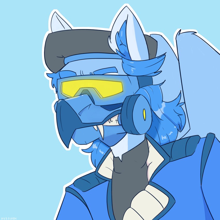 anthro blue_background clothing flynn_icecold_(xasslash) gas_mask male mask outline simple_background solo visor white_outline xasslash hasbro my_little_pony mythology avian gryphon mythological_avian mythological_creature 1:1 absurd_res bust_portrait hi_res portrait