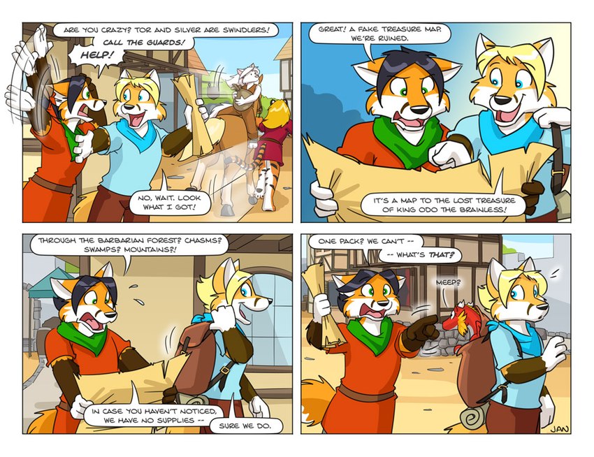 anthro black_hair blonde_hair blue_eyes building clothed clothing dialogue dipstick_ears duo ear_markings fully_clothed fur green_eyes hair male medieval multicolored_ears orange_body orange_fur sack smile tail text cartoonwolf mythology andrea_(9_to_9) reynard_foxglove tor_(9_to_9) w.j._billbox canid canine dragon equid equine felid fox horse mammal mythological_creature mythological_scalie pantherine scalie tiger comic english_text