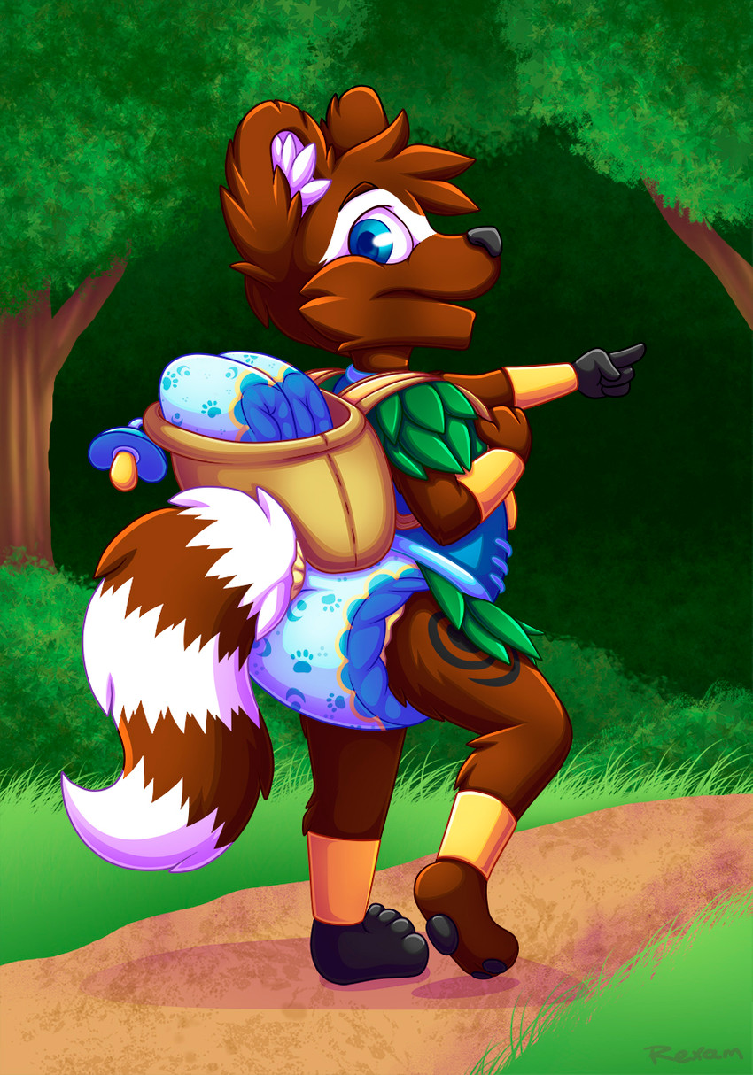 anthro backpack black_nose blue_eyes brown_body brown_fur clean_diaper clothed clothing diaper dirt_path equipment equipped folded_diaper forest fur grass outside pacifier plant solo tree wearing_diaper young young_anthro rexam-1 mammal procyonid raccoon hi_res