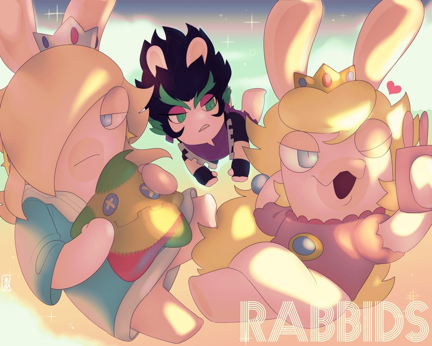 ambiguous_gender blonde_hair clothed clothing crown female fur gloves green_hair group hair hair_over_eye handwear headgear makeup one_eye_obstructed simple_background trio white_body kubasama_(artist) mario_bros mario_plus_rabbids_kingdom_battle mario_plus_rabbids_sparks_of_hope nintendo raving_rabbids rayman_(series) ubisoft edge_(mario_plus_rabbids) rabbid_peach rabbid_rosalina lagomorph luma mammal rabbid absurd_res crossover digital_media_(artwork) hi_res