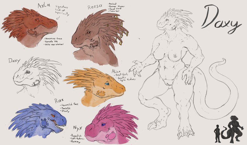 anthro breasts claws digitigrade female muscular nude piercing solo tail teeth text upai assignment_risk_(series) daxy scalie english_text hi_res model_sheet