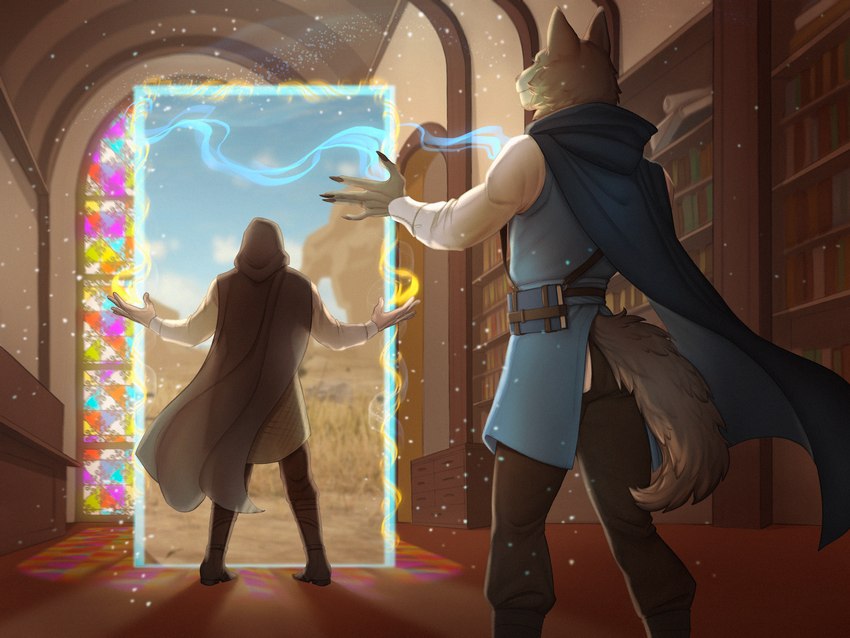 anthro book duo library magic magic_user male portal stained_glass utah 1cassius1 grey_mage_(archmage_of_amber) sean_(archmage_of_amber) canid canine canis human mammal wolf 4:3 absurd_res hi_res