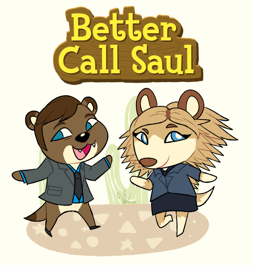 alternate_species anthro black_clothing black_nose blue_clothing blue_eyes brown_body brown_fur brown_hair brown_nose clothed clothing duo fangs female fluffy fluffy_tail fur furrification hair male necktie open_mouth open_smile pink_tongue simple_background smile standing tail teeth tongue iirene animal_crossing better_call_saul breaking_bad nintendo jimmy_mcgill kim_wexler humanoid mammal mustelid musteline true_musteline weasel crossover digital_drawing_(artwork) digital_media_(artwork) flat_colors hi_res