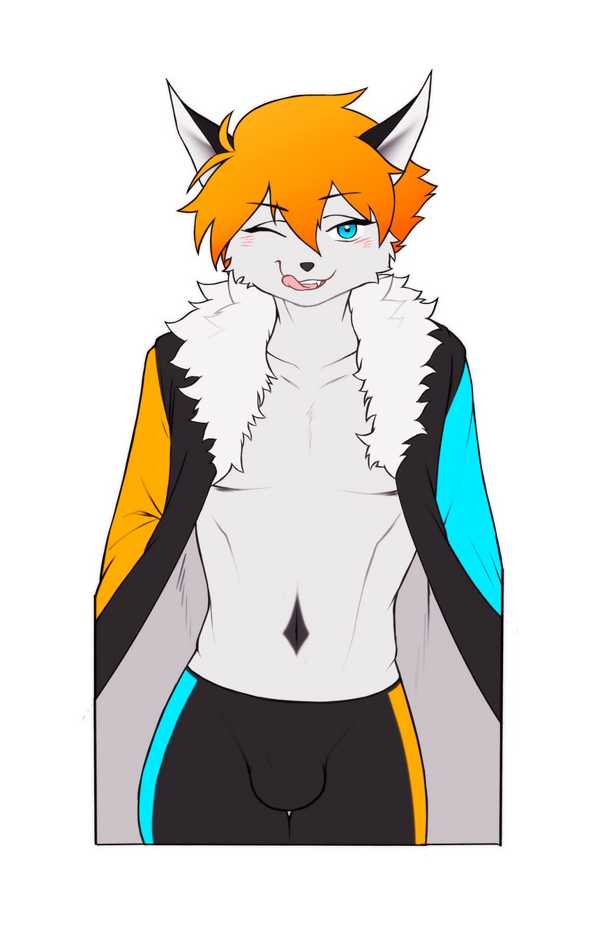 anthro blue_eyes blush blush_lines bottomwear bulge clothed clothing hair jacket licking licking_lips looking_at_viewer male markings one_eye_closed orange_hair presenting shirt shorts smile smiling_at_viewer solo tongue tongue_out topwear white_body wink siamkhan quinn_ink felid hybrid mammal 5:8 absurd_res hi_res