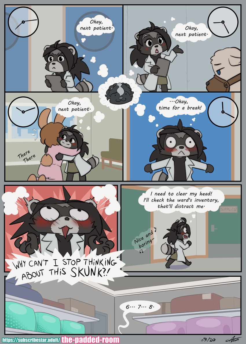 anthro asylum diaper diaper_under_clothing female hospital medical muzzle_(object) muzzled the_padded_room esmeralda_kingsley mammal procyonid raccoon absurd_res comic hi_res