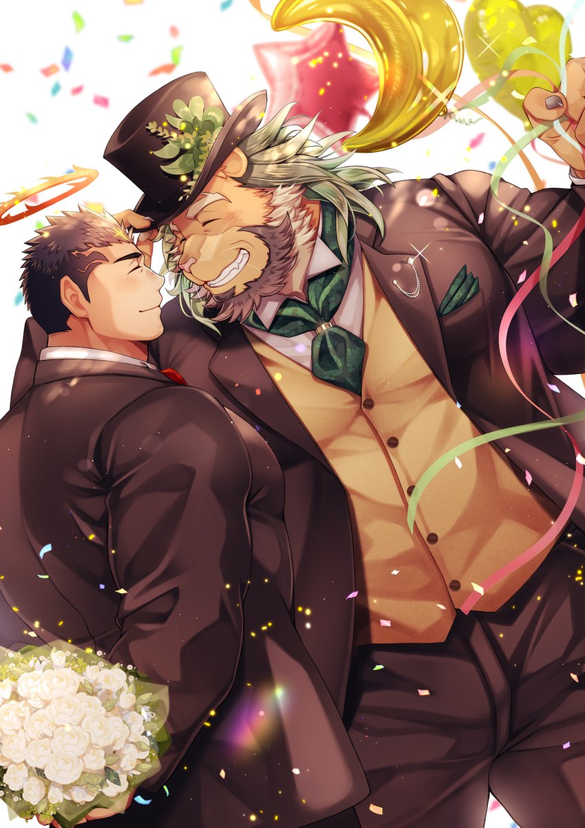 anthro black_hair blush clothing duo green_hair grin hair halo male male/male mane muscular muscular_anthro muscular_human muscular_male necktie pecs smile suit topwear vest youzora_samo18 lifewonders tokyo_afterschool_summoners arsalan_(tas) zabaniyya_(tas) human mammal hi_res