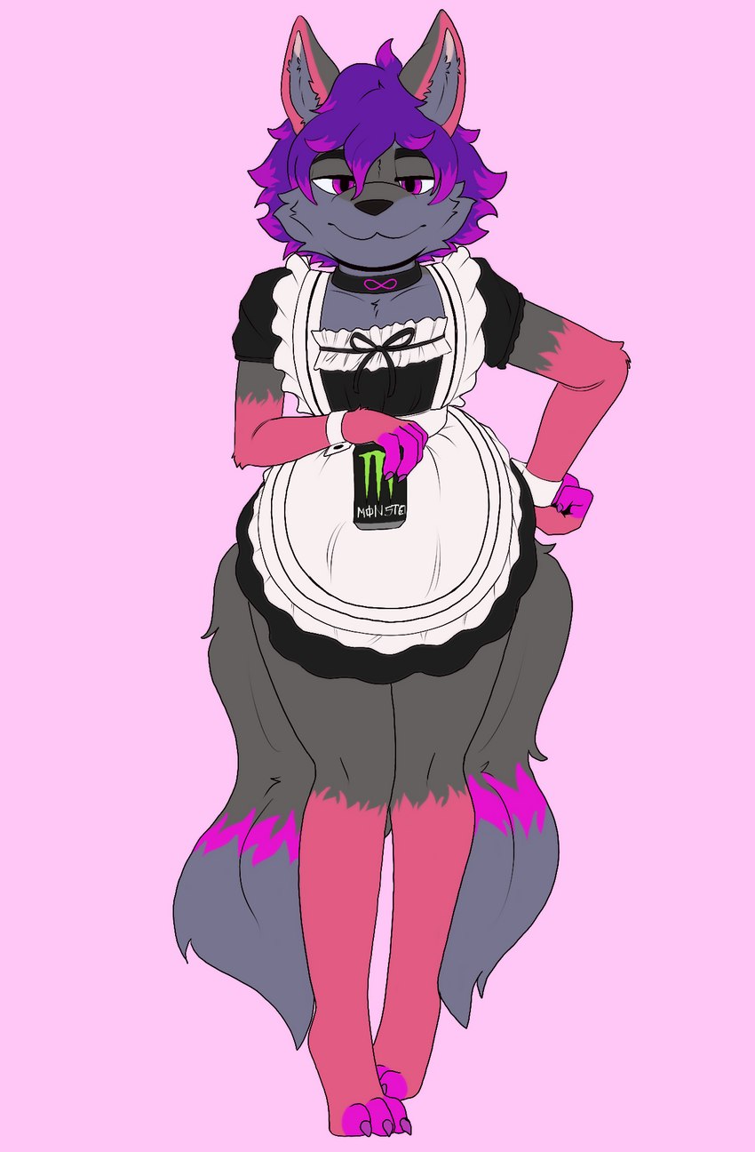 2_tails ambiguous_gender anthro beverage clothing collar energy_drink fur grey_body grey_fur hair highlights_(coloring) infinity_symbol looking_at_viewer maid_apron maid_uniform multi_tail multicolored_body multicolored_fur multicolored_hair multicolored_tail pink_body pink_eyes pink_fur pink_highlights purple_hair shirt_cuffs solo symbol tail uniform queenrupti monster_energy ashe_infinity canid canine fox mammal hi_res