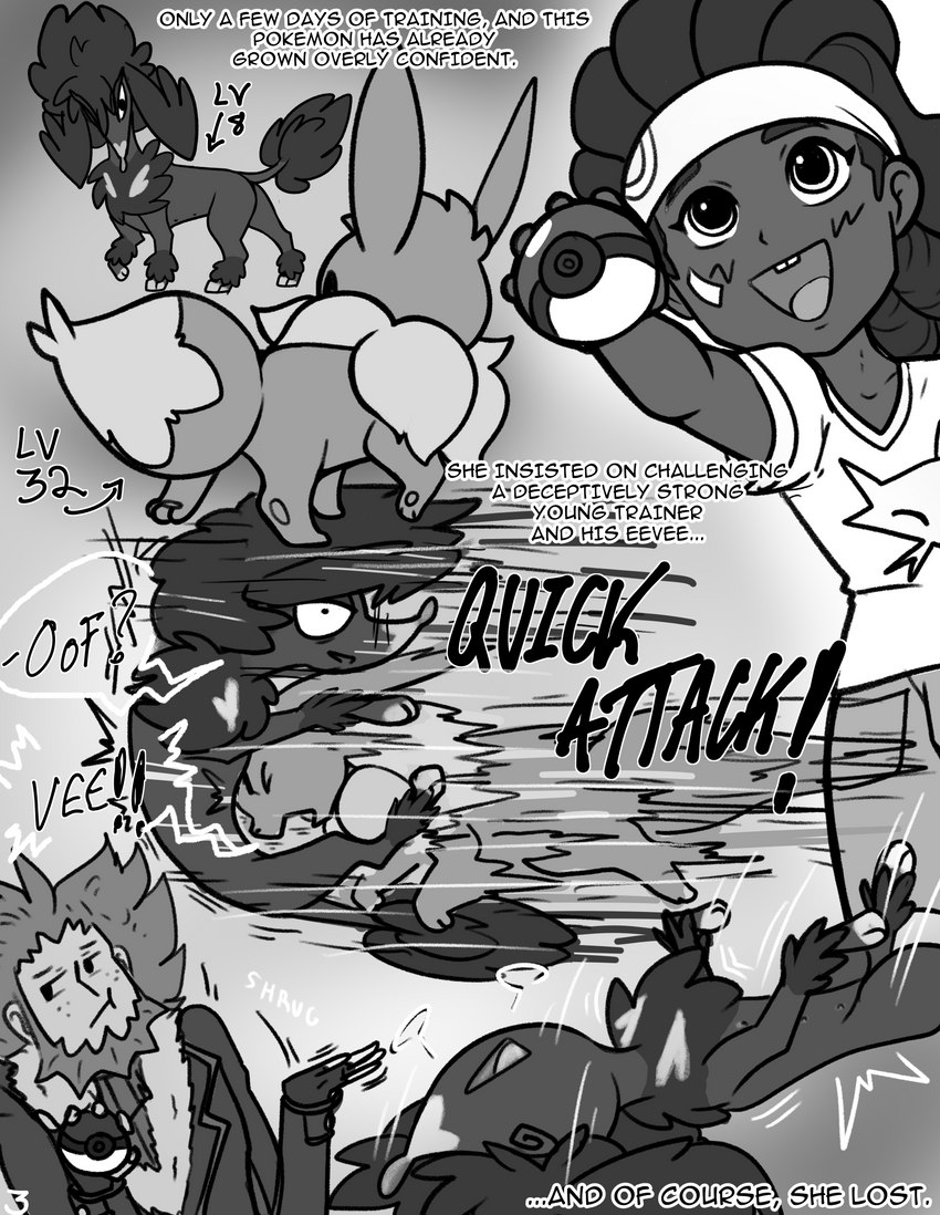 age_difference attack battle buckteeth dominant dominant_female dominant_feral female feral male male/female older_male pokemon_battle pokemon_speak submissive submissive_human submissive_male teeth text suns_(artist) nintendo pokemon pokemon_masters team_flare lysandre_(pokemon) canid canine canis eevee furfrou generation_1_pokemon generation_6_pokemon human mammal pokemon_(species) shiny_pokemon comic english_text greyscale hi_res monochrome