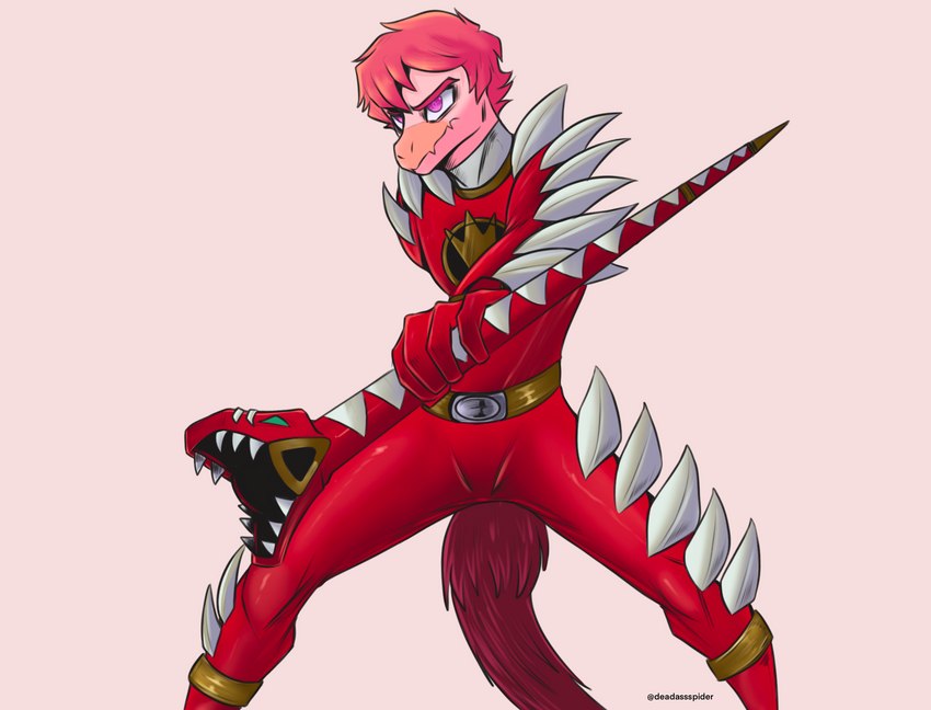 5_fingers action_pose alternate_costume anthro bodysuit clothing cosplay feathers fingers hair holding_object holding_staff male narrowed_eyes pink_body pink_hair pose purple_eyes red_body red_clothing red_feathers simple_background skinsuit solo spiked_clothing spikes spread_legs spreading staff superhero_costume tail tail_feathers tight_clothing deadassspider goodbye_volcano_high power_rangers power_rangers_dino_thunder red_ranger reed_(gvh) dinosaur dromaeosaurid feathered_dinosaur feathered_scalie prehistoric_species reptile scalie theropod velociraptor hi_res