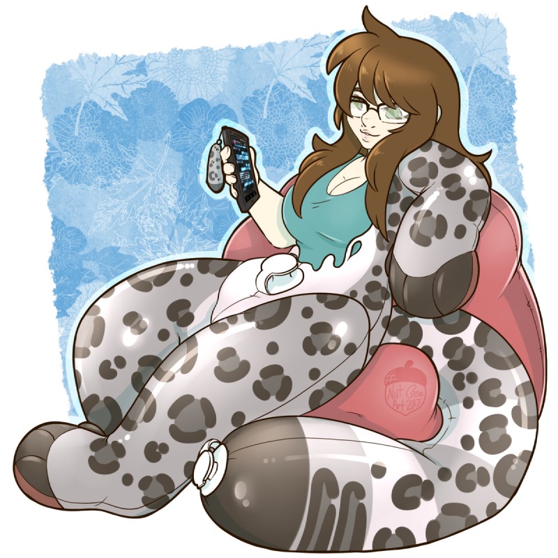 breasts brown_hair cleavage clothed clothing electronics eyewear featureless_crotch female glasses hair inanimate_transformation inflatable nozzle phone sitting smile solo transformation nut-case kae_(agcb) animate_inanimate felid living_inflatable mammal pantherine snow_leopard 1:1 2017 hi_res