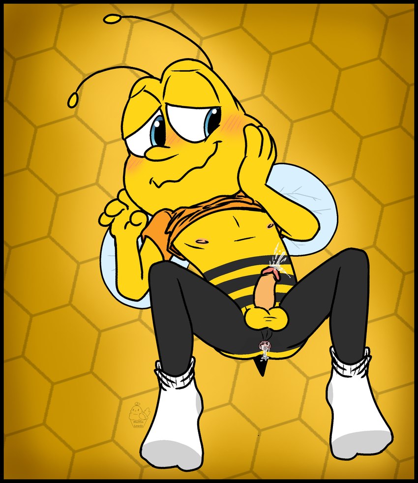 antennae_(anatomy) anthro anus balls black_border blush bodily_fluids border butt clothed clothing cum cum_in_ass cum_inside embarrassed erection footwear gaping gaping_anus genital_fluids genitals humanoid_genitalia humanoid_penis looking_at_viewer looking_down lying male mascot nipples on_back penis simple_background smile socks solo spread_legs spreading wings yellow_body conditional_dnp muffinlewds cheerios general_mills honey_nut_cheerios buzz_the_bee arthropod bee honey_bee hymenopteran insect digital_media_(artwork) hi_res