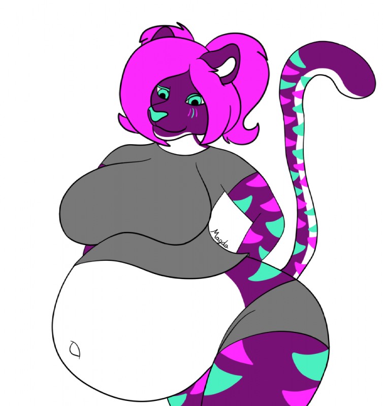 anthro belly big_belly blue_eyes blue_nose bottomwear clothed clothing cyan_stripes female fully_clothed hair hands_behind_back navel outie_navel pink_hair pink_stripes pregnant purple_body shorts simple_background solo stripes white_background wide_hips vixenmagda sandra_(vixenmagda) felid mammal pantherine tiger