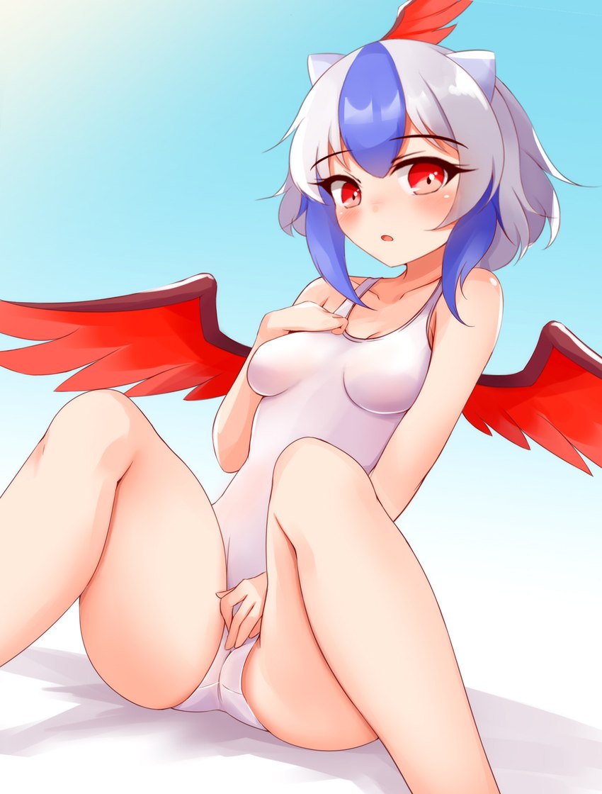 :o blush blush_lines breasts clothing feathers female hair hand_on_breast hand_on_panties horn looking_sideways one-piece_swimsuit open_mouth red_body red_eyes red_feathers sitting sky small_horn solo swimwear white_clothing white_hair white_swimwear wings ayatori tokiko_(touhou) animal_humanoid avian avian_humanoid bird_humanoid horned_humanoid humanoid 2023 digital_media_(artwork) hi_res