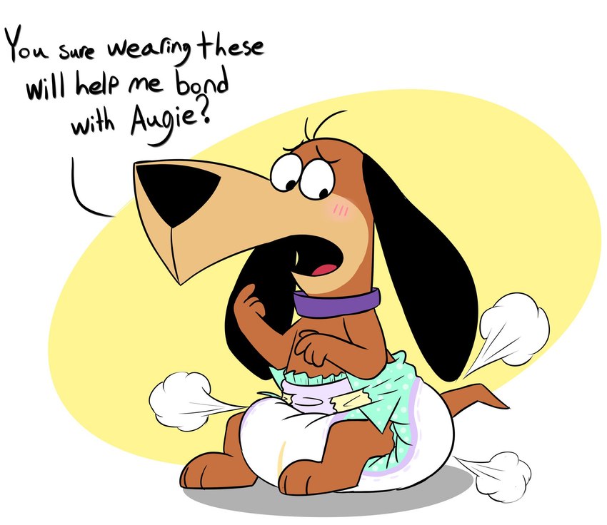 anthro blush clean_diaper clothed clothing collar diaper male poofy_diaper solo tail text unsure wearing_diaper wetness_indicator fang29 augie_doggie_and_doggie_daddy hanna-barbera doggie_daddy canid canine canis dachshund domestic_dog hunting_dog mammal english_text hi_res