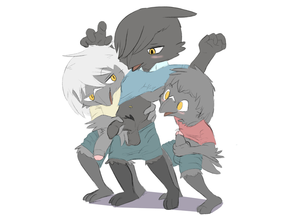 anthro balls blush bottomwear bottomwear_down clothed clothing clothing_lift clothing_pull comparing comparing_penis foreskin genitals group handjob hands_up male male/male masturbation navel navel_piercing open_mouth pants pants_down partially_clothed penile penis piercing retracted_foreskin sex shirt shirt_lift shirt_pull shirt_pulled_up tapering_penis topwear topwear_pull touching_penis trio twerpishimp avian bird corvid oscine passerine absurd_res hi_res