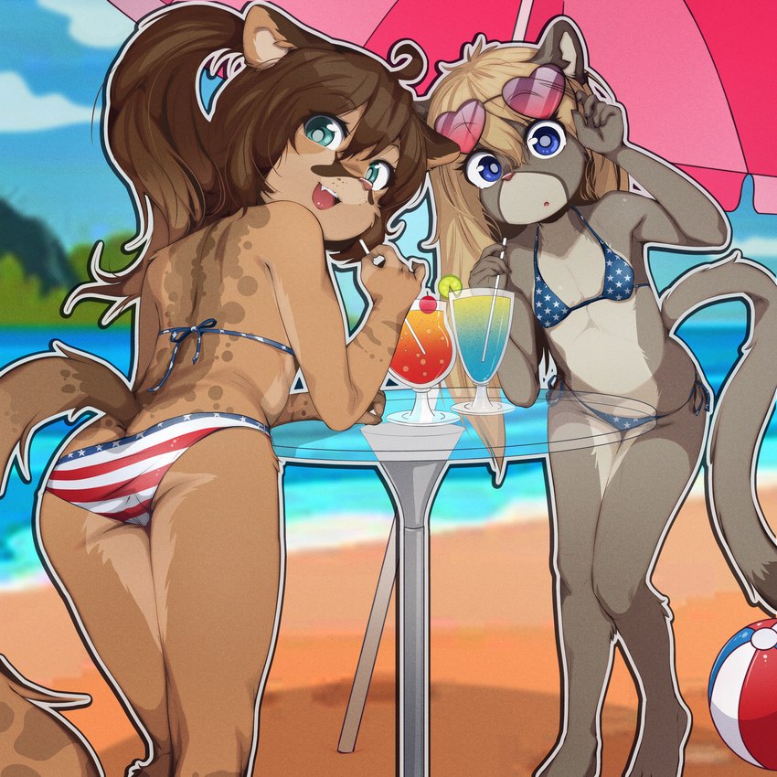 anthro beach beverage bikini blonde_hair blue_eyes brown_hair butt clothed clothing duo eyewear female fur grey_body grey_fur hair loli looking_at_viewer looking_back looking_back_at_viewer seaside sunglasses swimwear tail two-piece_swimsuit umbrella young young_anthro young_female sicmop dakota_(kittyprint) sierra_(pumapaws) cougar felid feline mammal 1:1 2023 hi_res