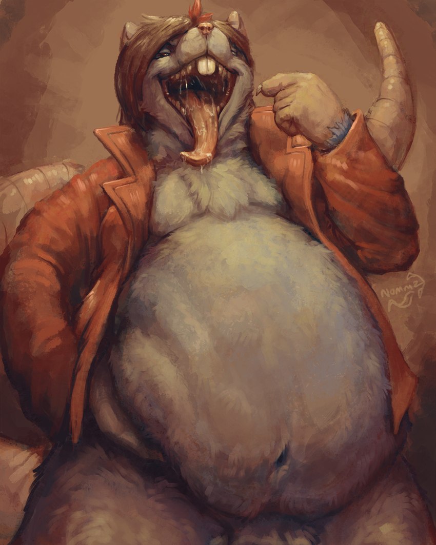 abdominal_bulge anthro belly belly_focus big_belly bottomless brown_hair close-up clothed clothing fur grey_body grey_fur hair holding_belly huge_belly jacket jacket_only long_tail long_tongue male moobs mostly_nude navel obese obese_anthro obese_male open_mouth overweight overweight_anthro overweight_male pointing_at_mouth red_clothing red_jacket red_topwear simple_background solo tail thick_tail thick_thighs thigh_up tongue topwear topwear_only wide_mouth nommz grendel_(character) mammal murid murine rat rodent 2015 4:5 hi_res