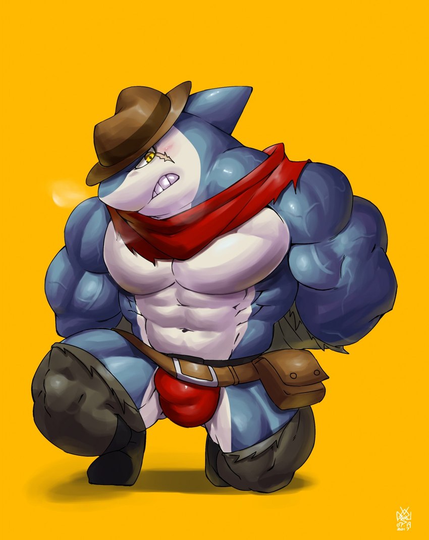 abs anthro belt biceps blue_body bound bulge clothing hands_tied hat headgear headwear male muscular muscular_anthro muscular_male pecs scar scarf solo teeth torn_clothing underwear vein veiny_muscles yellow_eyes vorusuarts level-5 yo-kai_watch indiana_jaws_(yo-kai_watch) fish marine shark hi_res