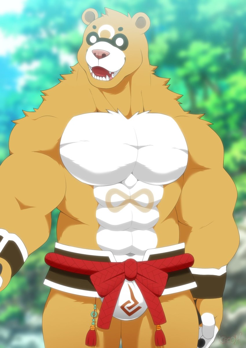 anthro asian_clothing barazoku biped brown_body bulge clothing east_asian_clothing fundoshi humanoid_hands japanese_clothing kemono male muscular muscular_male solo underwear white_body white_clothing white_fundoshi white_underwear kecom genshin_impact mihoyo guoba_(genshin_impact) bear mammal 2021 hi_res