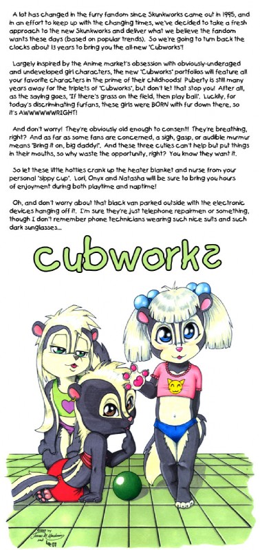 e621 2007 anthro baby ball cub cubworks cubworkƨ desiree_lee female group hi_res irony it's_awwwright james_m_hardiman lori_(jmh) male mammal mephitid natasha_(jmh) onyx_(jmh) parody skunk striped_skunk v& young