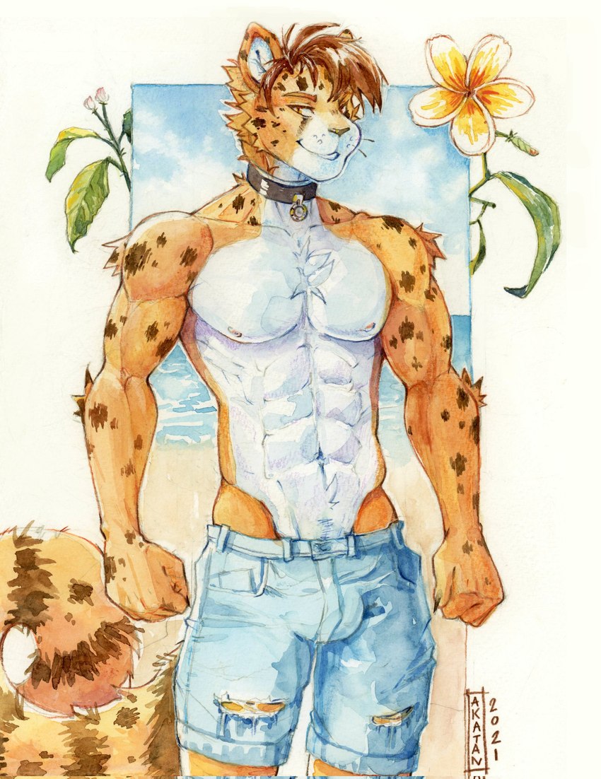 abs anthro arm_tuft beach bottomwear brown_body brown_eyebrows brown_fur brown_hair brown_spots brown_stripes bulge chest_tuft claws clothed clothing countershading denim denim_bottomwear denim_clothing denim_shorts eyebrows flower front_view fur hair looking_at_viewer male markings navel nipples outside pecs plant plumeria sand seaside shorts shorts_only smile solo spots spotted_body spotted_fur standing striped_body striped_fur stripes summer teeth topless torn_bottomwear torn_clothing torn_shorts tuft water whisker_spots whiskers yellow_body yellow_eyes yellow_fur akatan_art cheetah felid feline mammal hi_res traditional_media_(artwork)