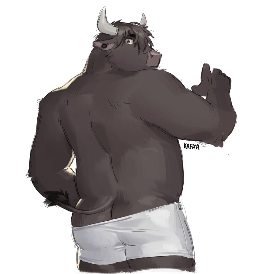 anthro black_body black_fur butt butt_focus clothing ear_piercing fur gauged_ear horn looking_at_viewer looking_back looking_back_at_viewer male musclegut muscular piercing rear_view simple_background slightly_chubby solo underwear kafka_(artist) european_mythology greek_mythology minotaur_hotel mythology storm_(minotaur_hotel) bovid bovine cattle mammal minotaur