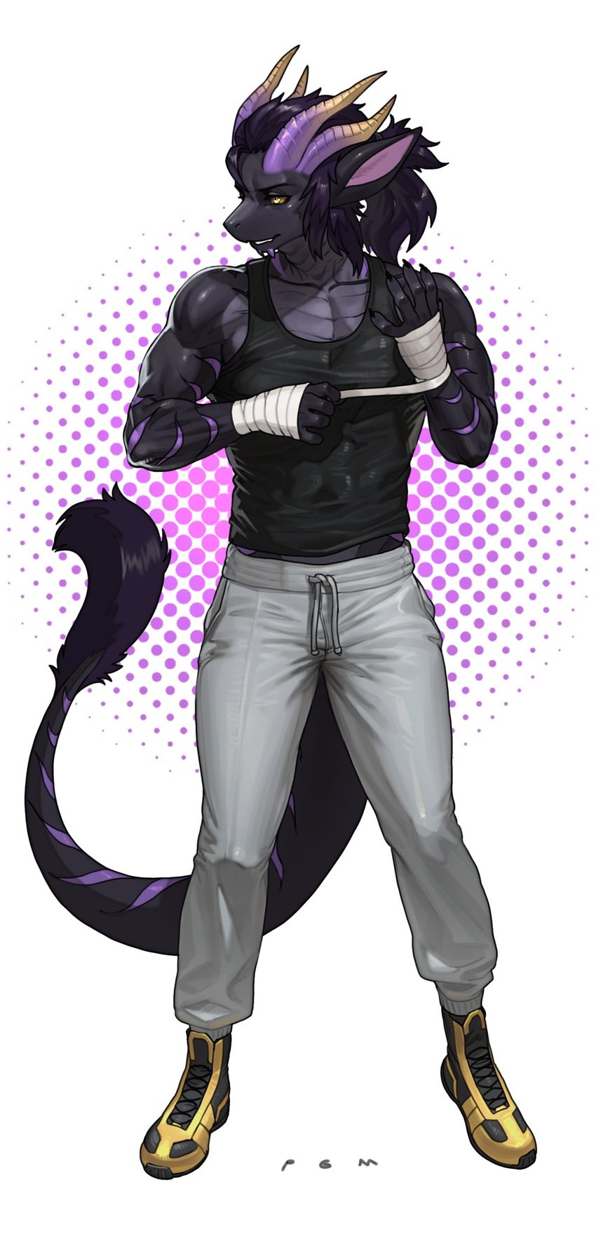 5_fingers anthro biped bottomwear clothed clothed_anthro clothed_male clothing countershade_torso countershading fingers footwear front_view fully_clothed fully_clothed_anthro fully_clothed_male grey_body grey_skin grey_tail hair horn looking_aside male purple_hair shoes simple_background solo standing tail topwear yellow_eyes yellow_sclera pgm300 mythology dragon mythological_creature mythological_scalie scalie 2025 absurd_res digital_media_(artwork) hi_res