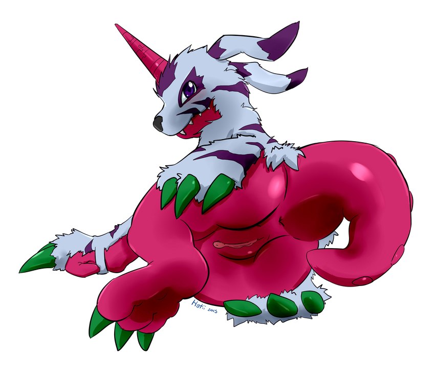 anus blush butt claws female fur_coat genitals horn looking_at_viewer presenting presenting_pussy pussy rear_view simple_background solo white_background hatiimiga bandai_namco digimon digimon_(species) gabumon psychemon scalie 2015 digital_media_(artwork) hi_res