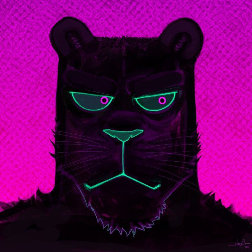 black_body black_fur fur fuzzy green_mouth green_nose looking_aside melanistic pink_background pink_eyes simple_background whiskers sharkinthepark panther_(sharkinthepark) felid mammal pantherine 1:1 absurd_res hi_res