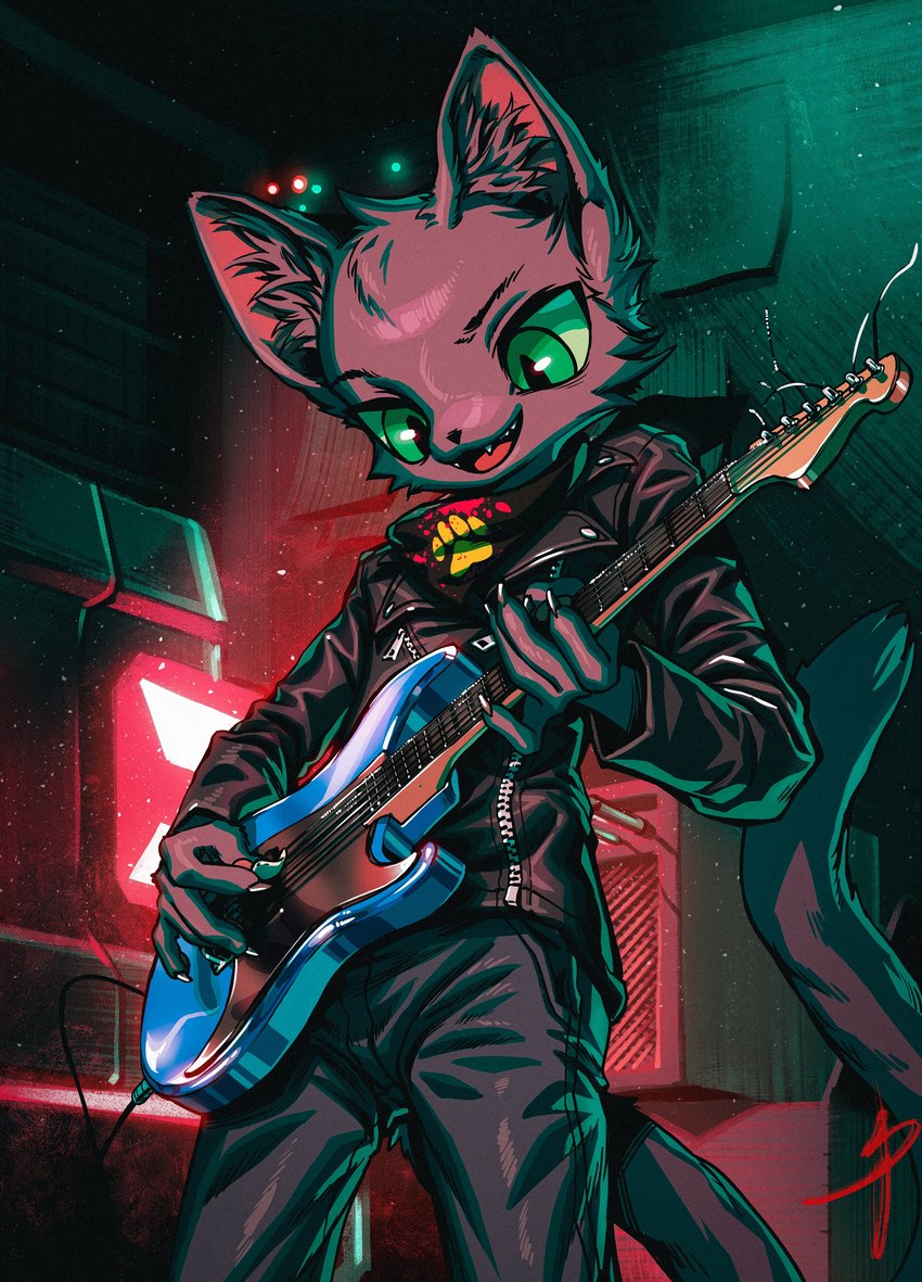 amp anthro black_kerchief black_neckerchief cable cheek_tuft claws clothed clothing detailed_background facial_tuft front_view fully_clothed green_eyes green_sclera guitar guitar_pick holding_guitar holding_musical_instrument holding_object inner_ear_fluff inside jacket kerchief leather leather_clothing leather_jacket leather_topwear looking_down male male_anthro musical_instrument neckerchief open_mouth open_smile pawprint_print playing_guitar playing_music plucked_string_instrument pupils rocker slit_pupils smile solo standing string_instrument topwear tuft blaedic hare_(rak17171771) domestic_cat felid feline felis mammal russian_blue 2022 absurd_res hi_res portrait three-quarter_portrait