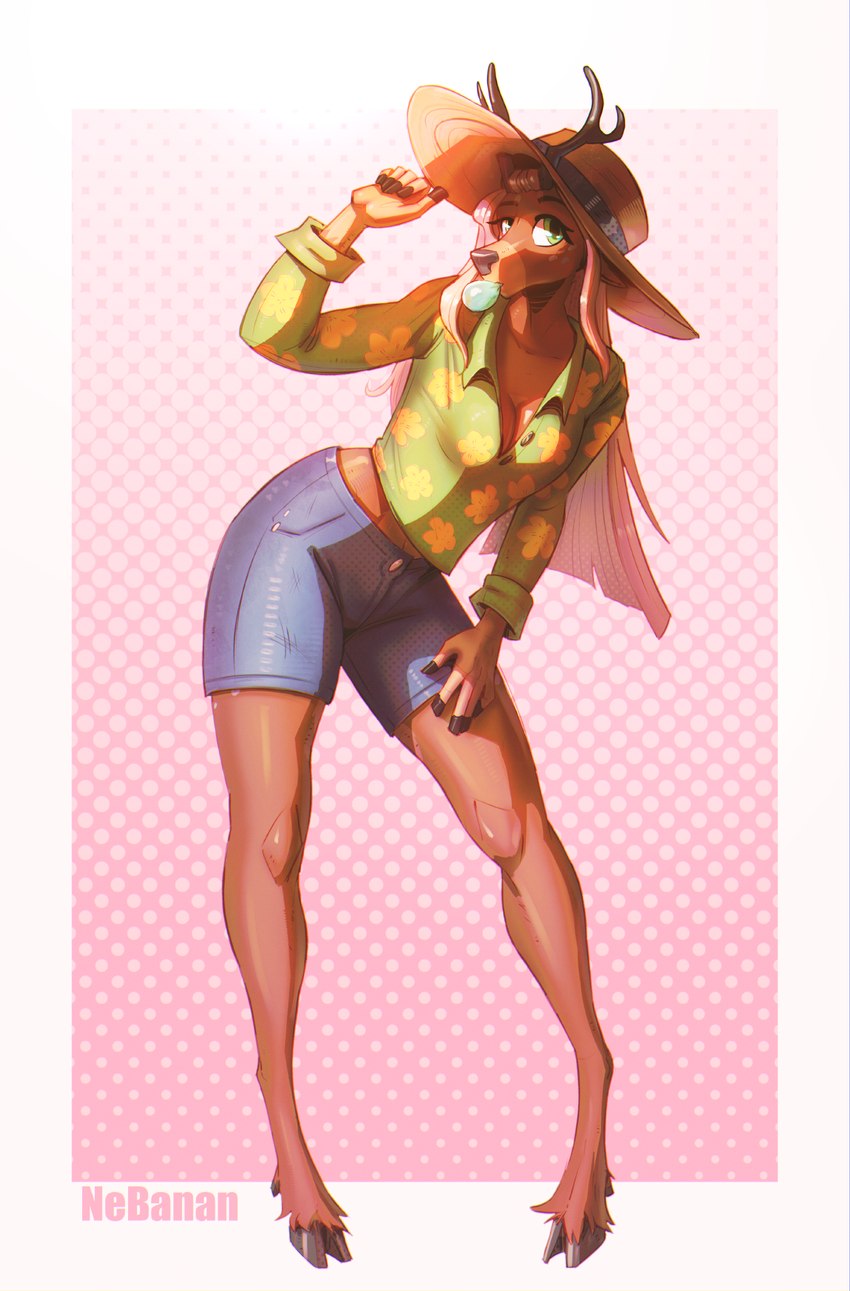 anthro breasts bubble_gum cleavage clothed clothing cloven_hooves female furgonomic_headwear furgonomics hat headgear headwear hooves horn simple_background solo nebanan deer mammal hi_res