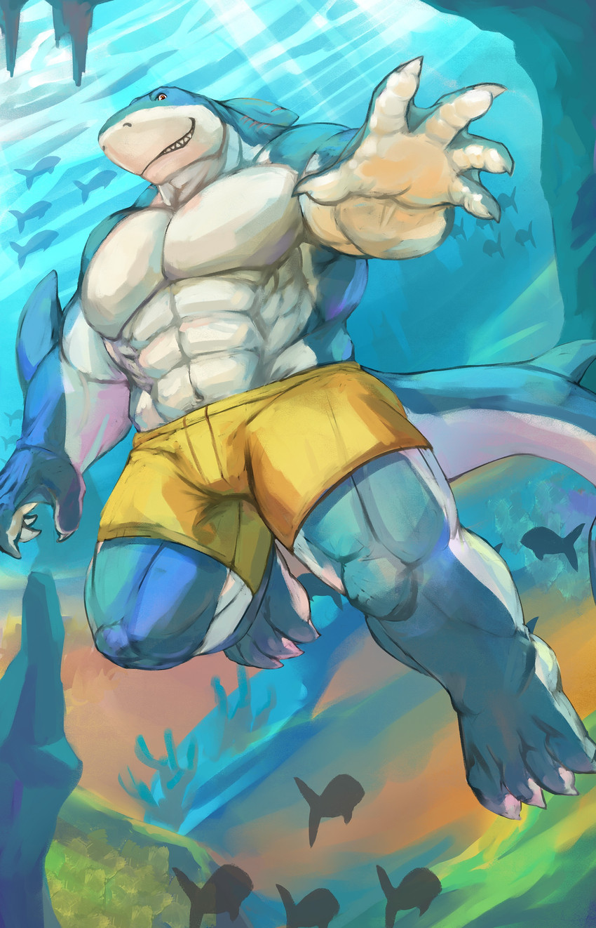 abs amber_eyes anthro biceps big_muscles blue_body blue_skin bottomwear claws clothing detailed_background male muscular muscular_anthro muscular_male pecs red_eyes sharp_teeth shorts smile smirk solo teeth underwater water white_body white_skin cinna-tree fish marine shark absurd_res hi_res