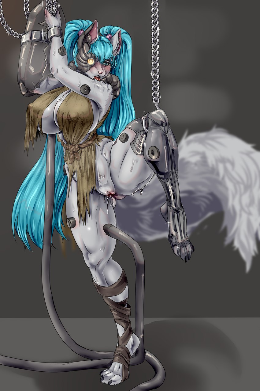 anthro big_breasts blue_eyes blue_hair bodily_fluids bound breasts chain chain_collar chained_cuffs chained_up collar cosplay cuff_(restraint) cybernetic_arm cybernetic_eye cybernetic_leg cybernetic_limb cybernetics electronics female genital_fluids genitals grey_body hair hands_tied iron_collar iron_cuffs looking_down machine metal_claws metal_collar metal_cuffs pussy rags raised_leg restraints slave small_waist solo spread_legs spreading steam submissive submissive_female sweat tail thick_thighs tongue tongue_out tube vaginal_fluids hlebushekuwu warhammer_(franchise) warhammer_40000 hochune_meowku cyborg domestic_cat felid feline felinid felis mammal posthuman servitor absurd_res hi_res story story_in_description